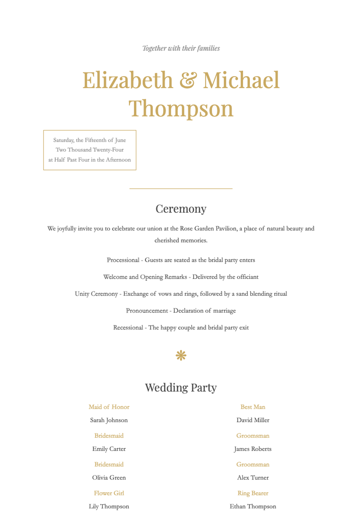 Elegant gold leaf wedding program with ceremony order and wedding party details_variant_2